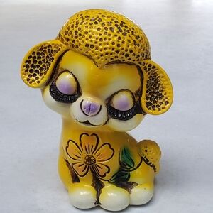 Vtg Chalkware Lamb Coin Piggy Bank Yellow Kitschy and Cute from The 60s or 70s